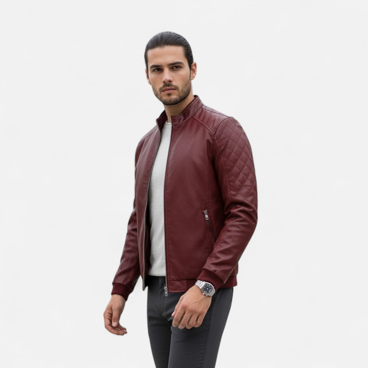 Kendros | Men’s Leather Bomber Jacket – Stand-Collar Elegance