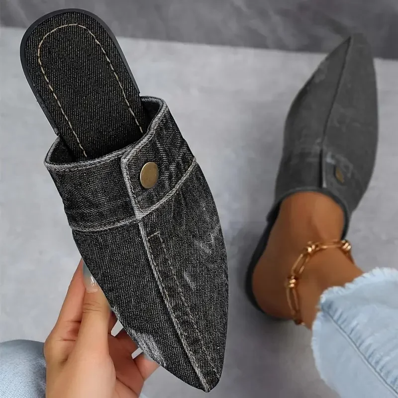 Calivara | Women’s Denim Button-Accent Mules