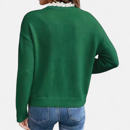 Quenara | Women’s Lace-Trim V-Neck Knit Sweater