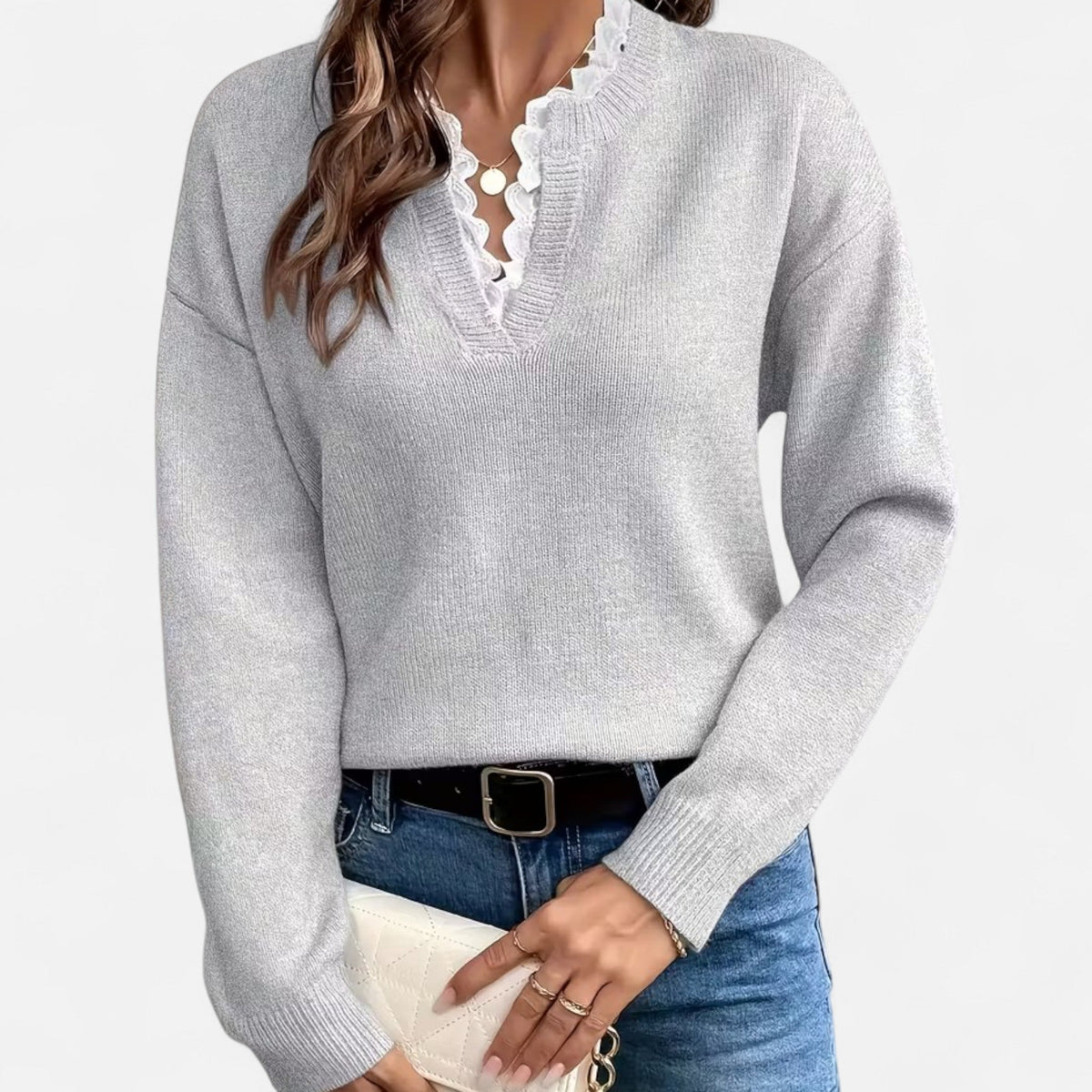 Quenara | Women’s Lace-Trim V-Neck Knit Sweater